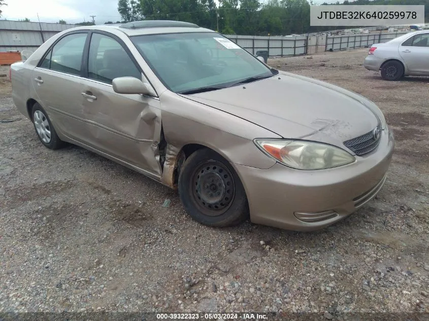 2004 Toyota Camry Le VIN: JTDBE32K640259978 Lot: 39322323