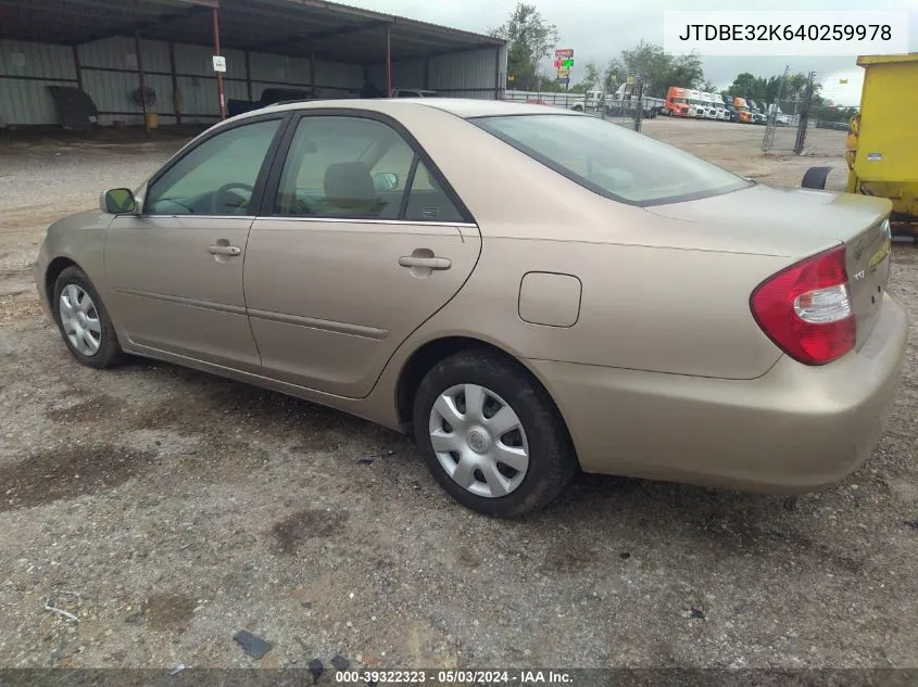 2004 Toyota Camry Le VIN: JTDBE32K640259978 Lot: 39322323