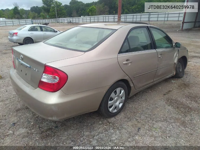 2004 Toyota Camry Le VIN: JTDBE32K640259978 Lot: 39322323