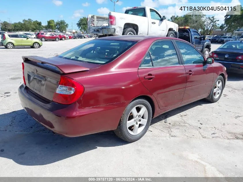 2004 Toyota Camry Se V6 VIN: 4T1BA30K04U504115 Lot: 39757120