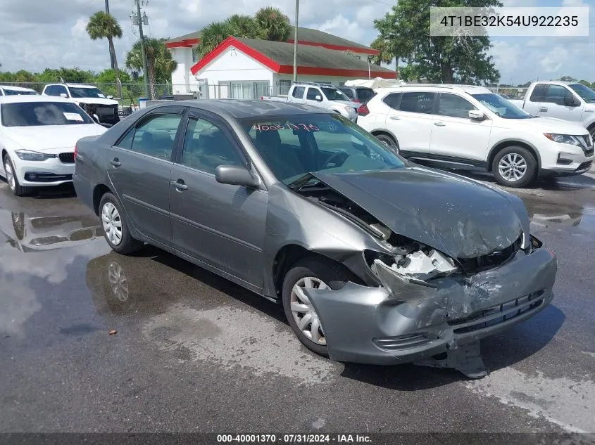 2004 Toyota Camry Le VIN: 4T1BE32K54U922235 Lot: 40001370