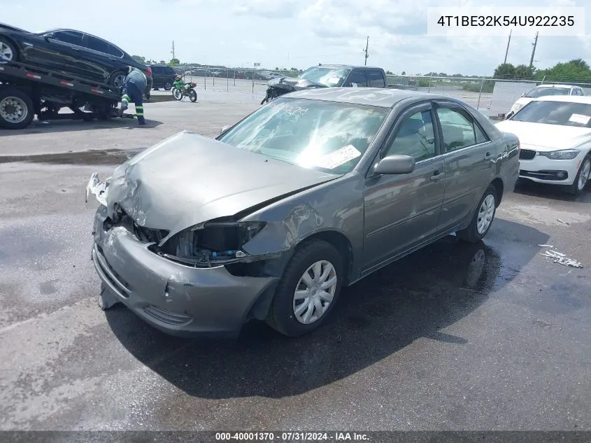 2004 Toyota Camry Le VIN: 4T1BE32K54U922235 Lot: 40001370