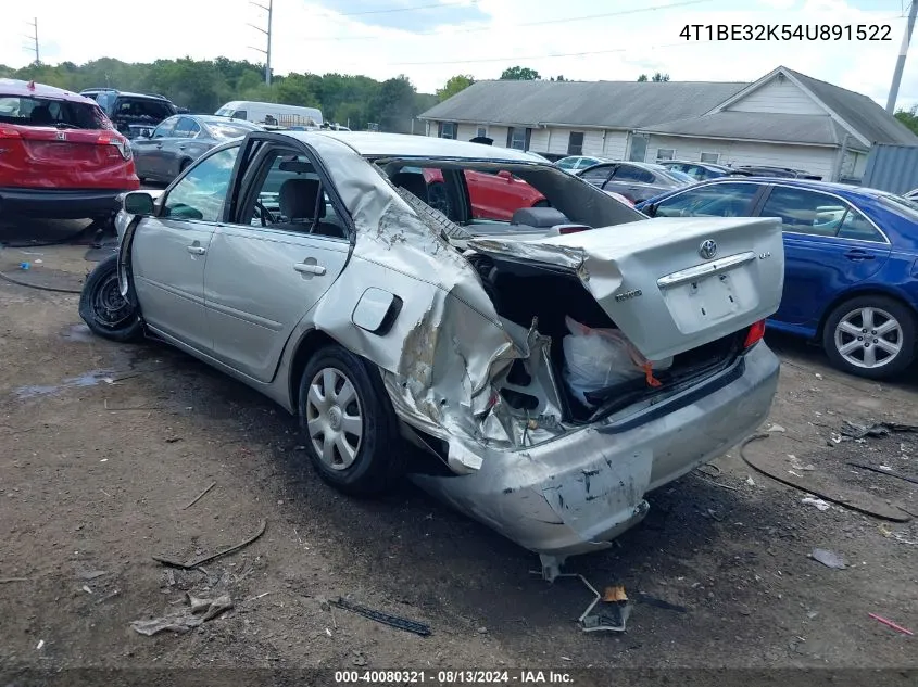 2004 Toyota Camry Le VIN: 4T1BE32K54U891522 Lot: 40080321