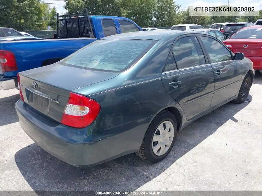 2004 Toyota Camry Le VIN: 4T1BE32K64U320802 Lot: 40092946