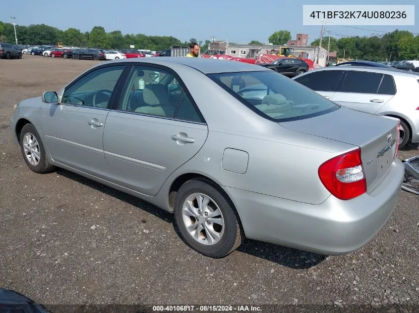 2004 Toyota Camry Le V6 VIN: 4T1BF32K74U080236 Lot: 40106817