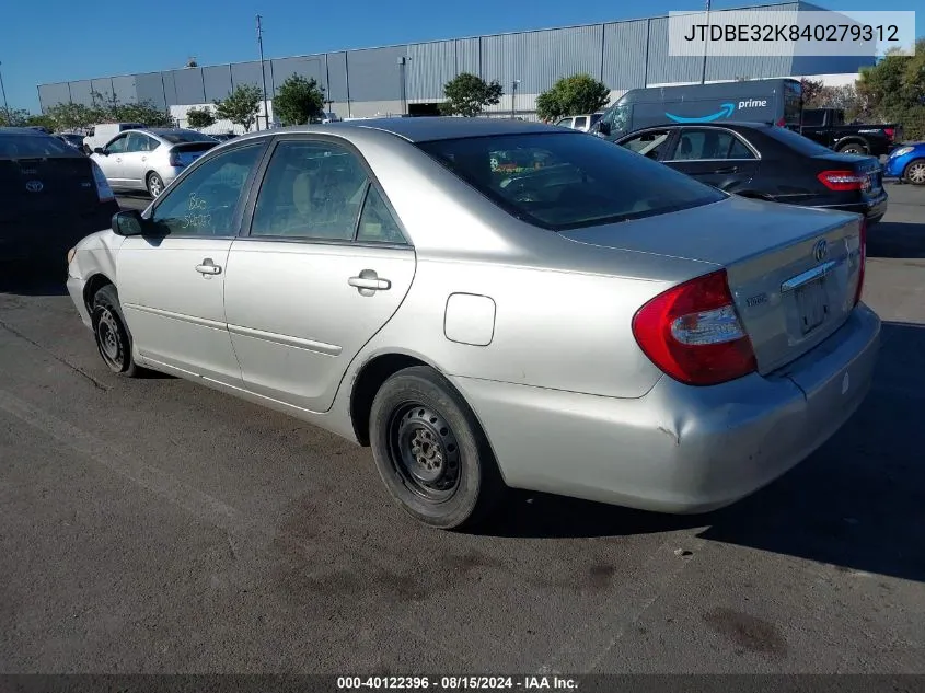 2004 Toyota Camry Le VIN: JTDBE32K840279312 Lot: 40122396