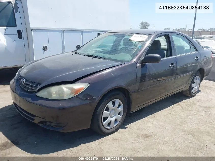 2004 Toyota Camry Le VIN: 4T1BE32K64U854138 Lot: 40224701