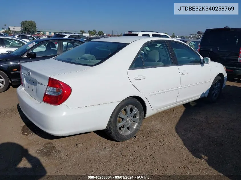 2004 Toyota Camry Le VIN: JTDBE32K340258769 Lot: 40253304