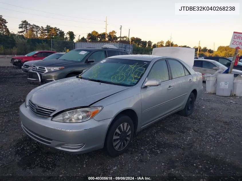 2004 Toyota Camry Le VIN: JTDBE32K040268238 Lot: 40305618