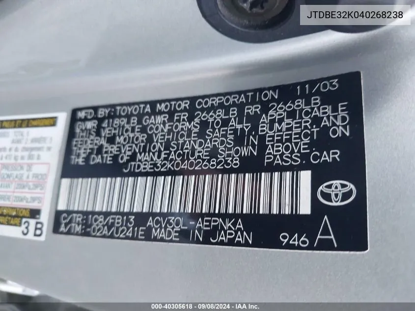 JTDBE32K040268238 2004 Toyota Camry Le