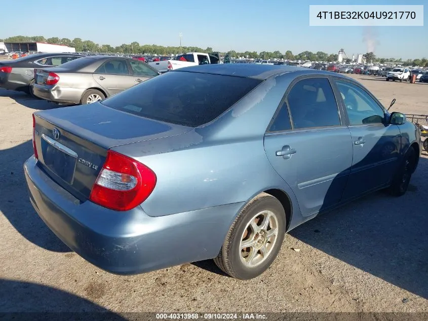 2004 Toyota Camry Le VIN: 4T1BE32K04U921770 Lot: 40313958