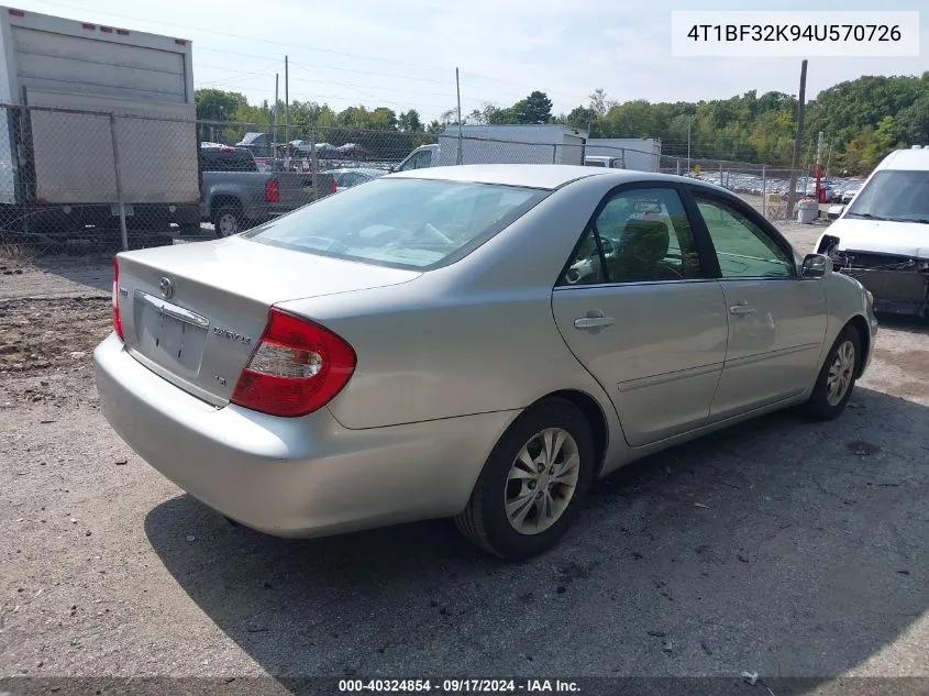 2004 Toyota Camry Le V6 VIN: 4T1BF32K94U570726 Lot: 40324854