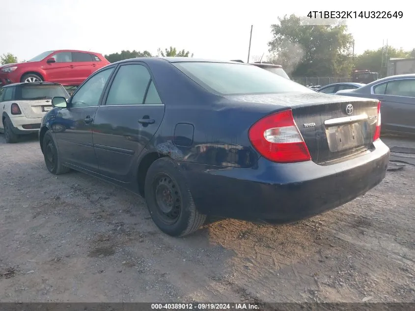 2004 Toyota Camry Le VIN: 4T1BE32K14U322649 Lot: 40389012