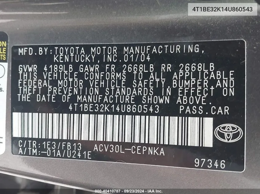 4T1BE32K14U860543 2004 Toyota Camry Le