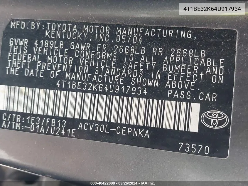 4T1BE32K64U917934 2004 Toyota Camry Le/Xle/Se