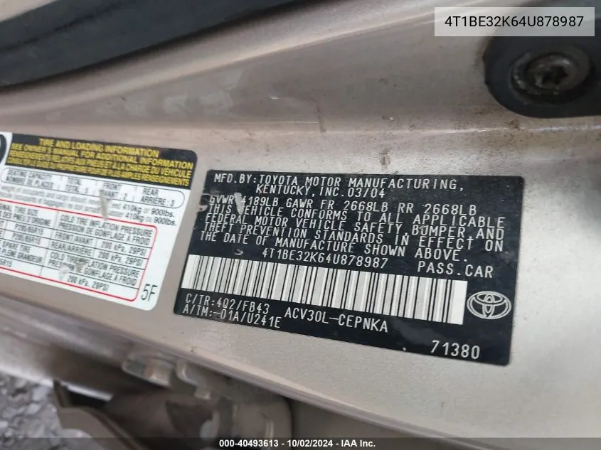 4T1BE32K64U878987 2004 Toyota Camry Le