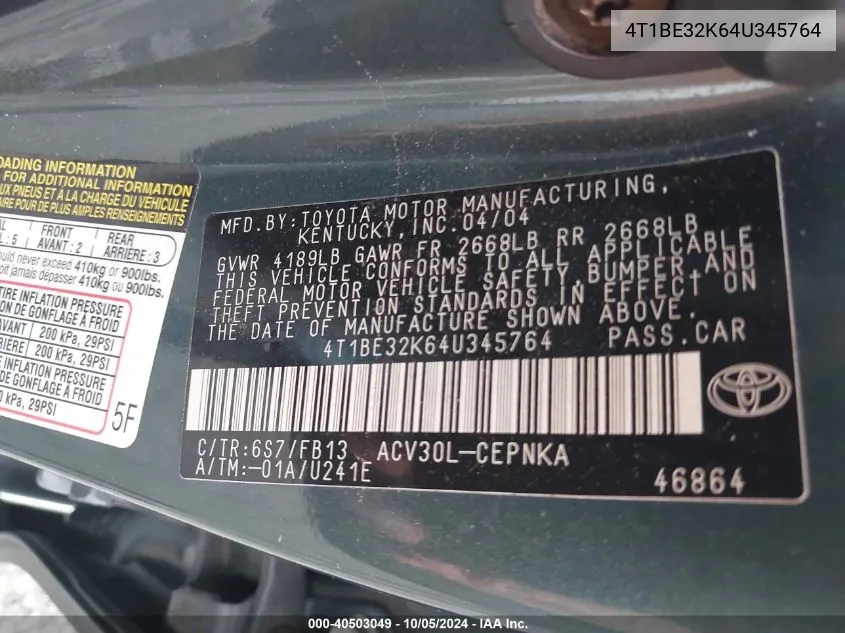 4T1BE32K64U345764 2004 Toyota Camry Le/Xle/Se