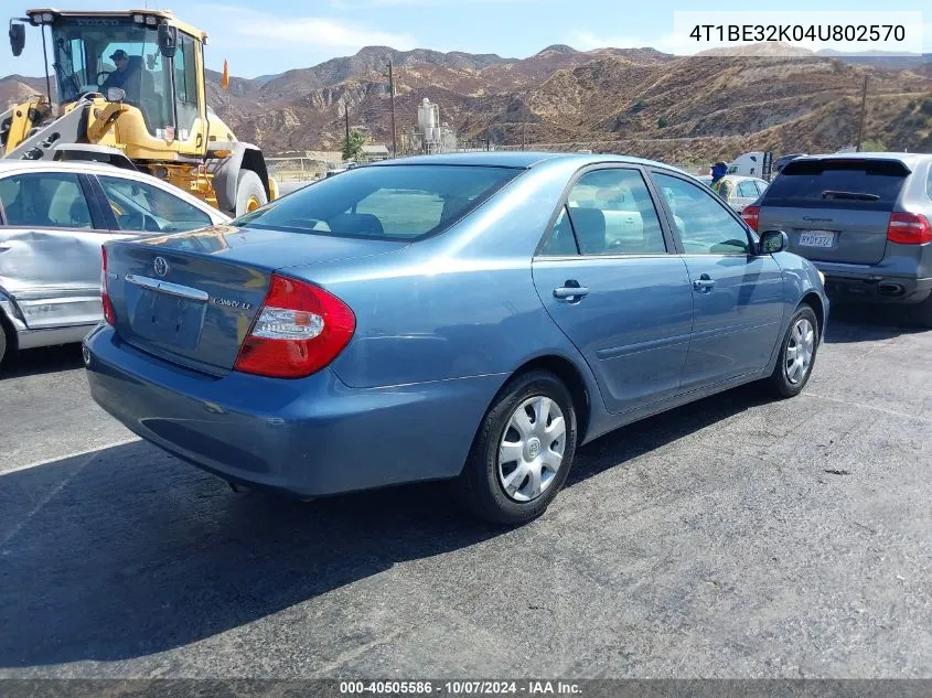 2004 Toyota Camry Le/Xle/Se VIN: 4T1BE32K04U802570 Lot: 40505586