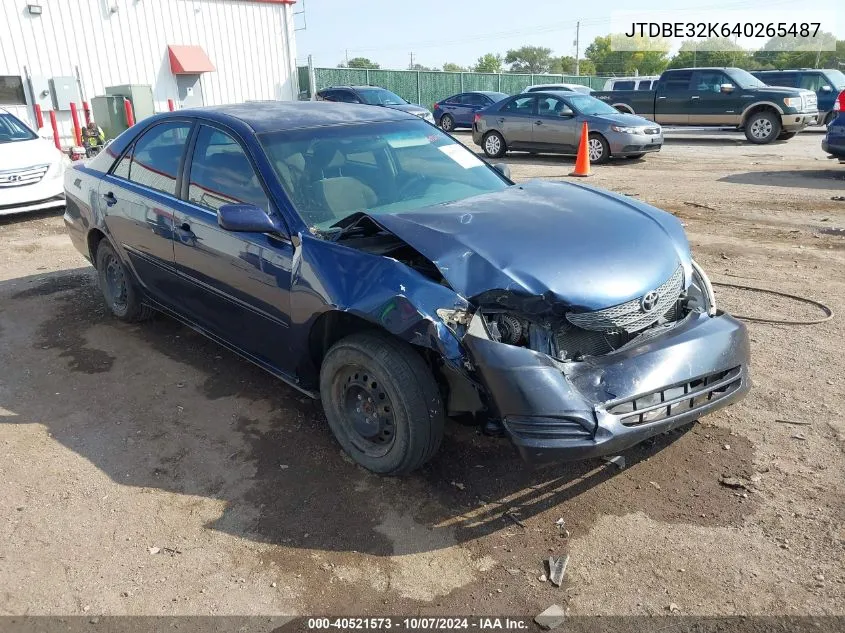 2004 Toyota Camry Le VIN: JTDBE32K640265487 Lot: 40521573