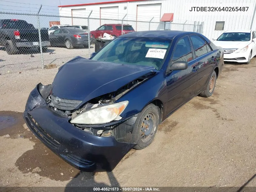 2004 Toyota Camry Le VIN: JTDBE32K640265487 Lot: 40521573