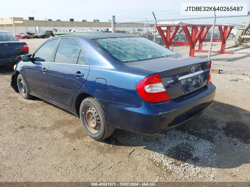 2004 Toyota Camry Le VIN: JTDBE32K640265487 Lot: 40521573