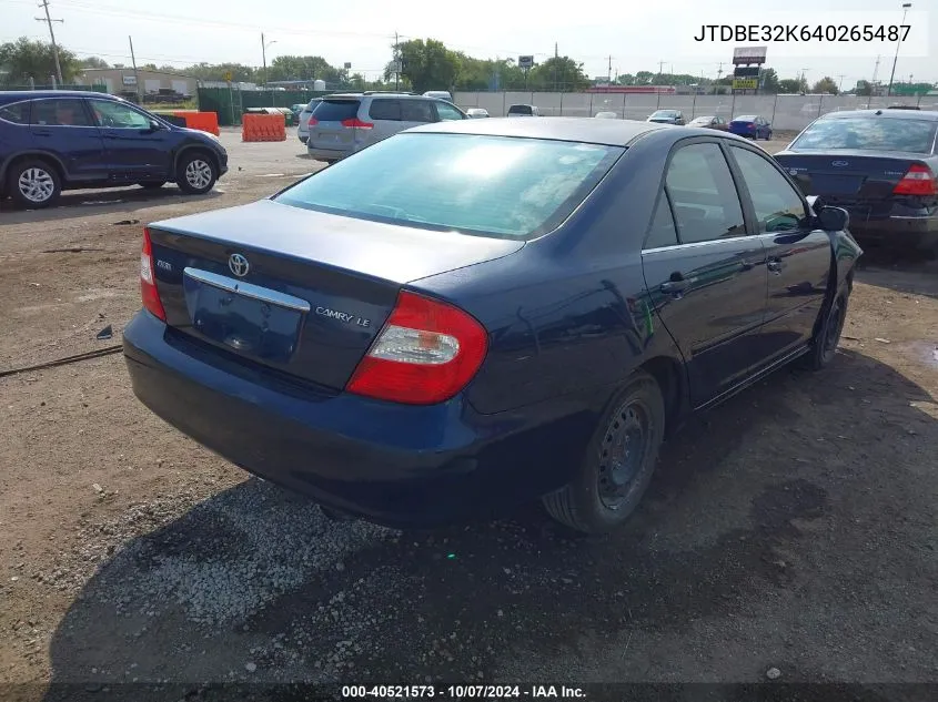 2004 Toyota Camry Le VIN: JTDBE32K640265487 Lot: 40521573