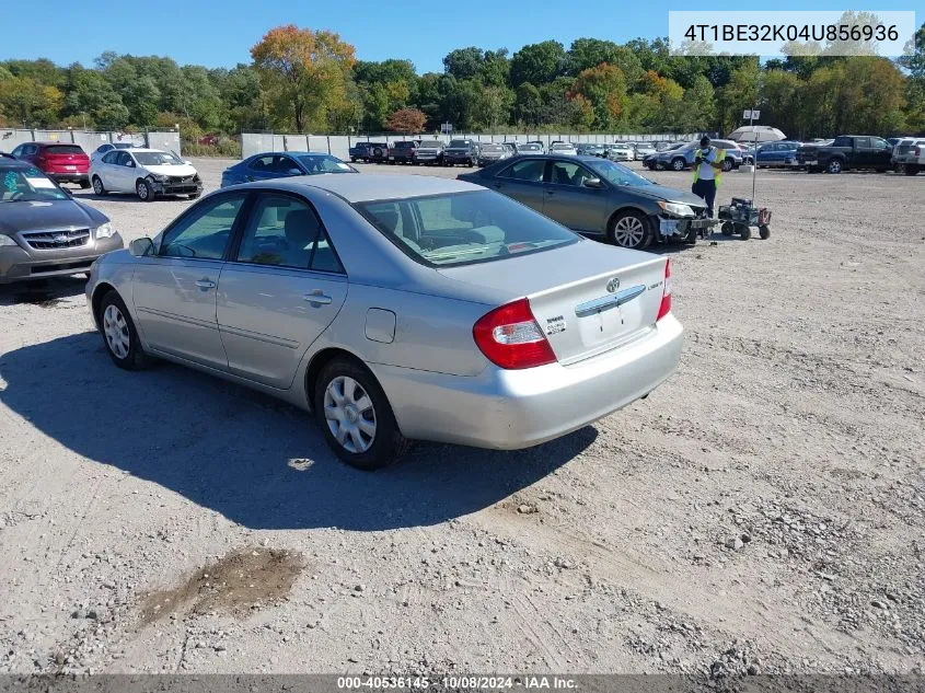 2004 Toyota Camry Le VIN: 4T1BE32K04U856936 Lot: 40536145