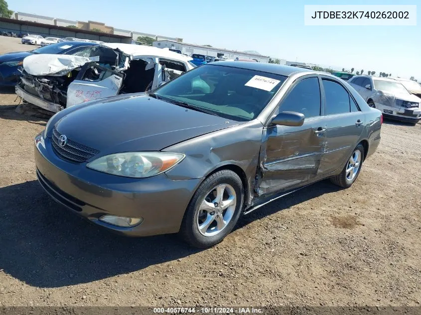 2004 Toyota Camry Xle VIN: JTDBE32K740262002 Lot: 40576744