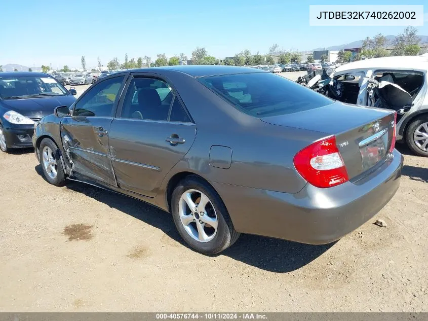 2004 Toyota Camry Xle VIN: JTDBE32K740262002 Lot: 40576744