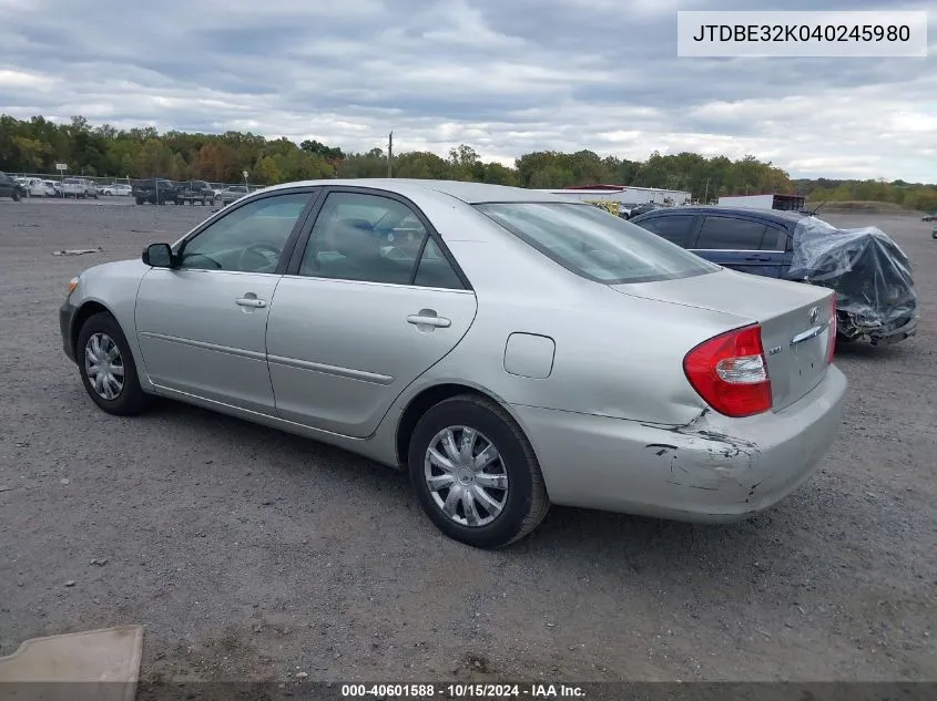 2004 Toyota Camry Le/Se/Std/Xle VIN: JTDBE32K040245980 Lot: 40601588