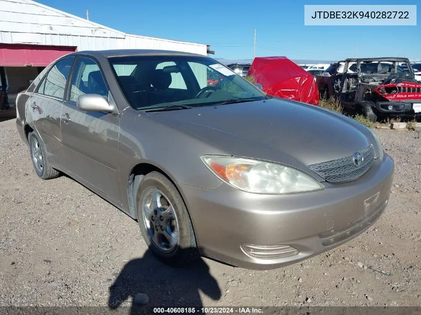 2004 Toyota Camry Le VIN: JTDBE32K940282722 Lot: 40608185