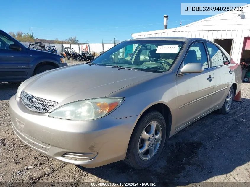 2004 Toyota Camry Le VIN: JTDBE32K940282722 Lot: 40608185