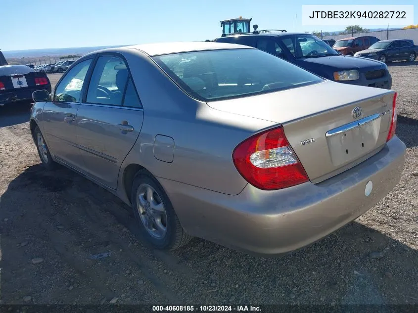 2004 Toyota Camry Le VIN: JTDBE32K940282722 Lot: 40608185