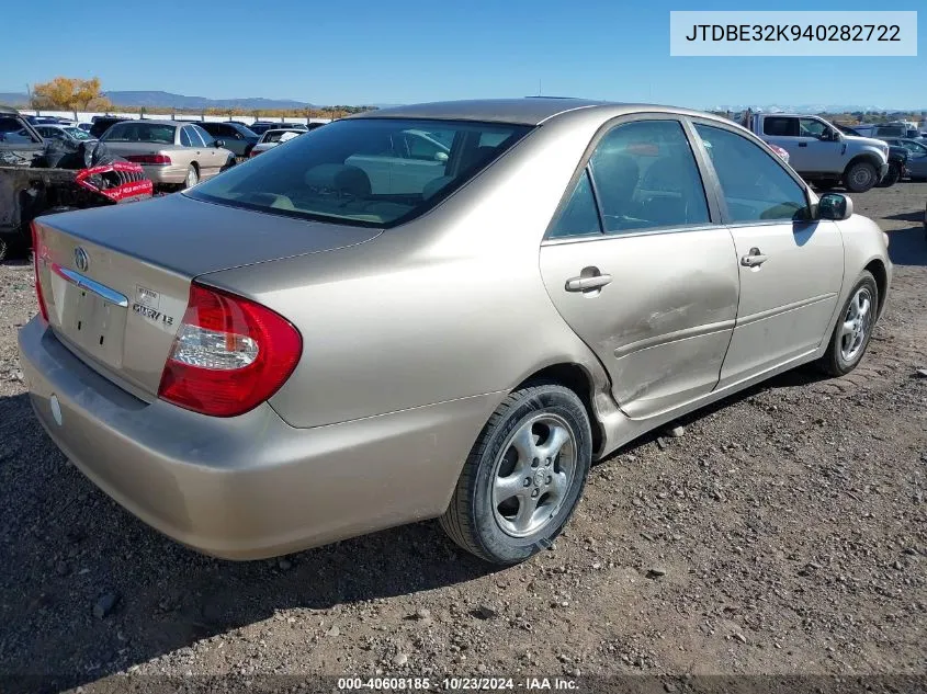 2004 Toyota Camry Le VIN: JTDBE32K940282722 Lot: 40608185