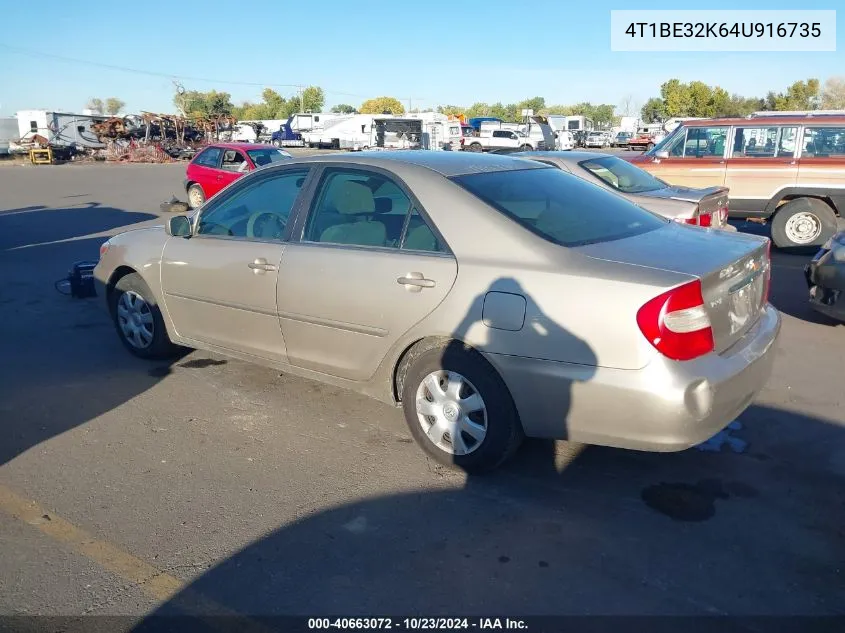 2004 Toyota Camry Le VIN: 4T1BE32K64U916735 Lot: 40663072