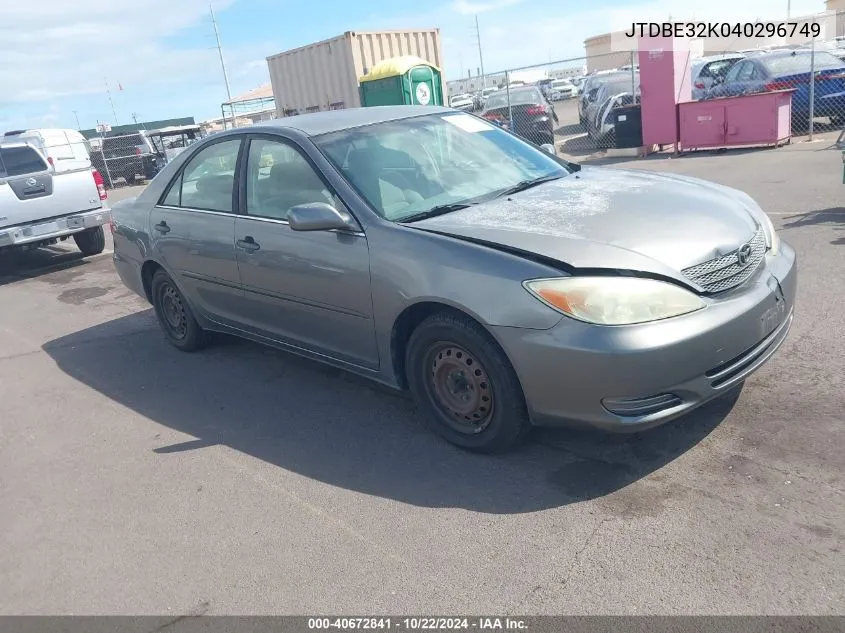 2004 Toyota Camry Le/Se/Std/Xle VIN: JTDBE32K040296749 Lot: 40672841