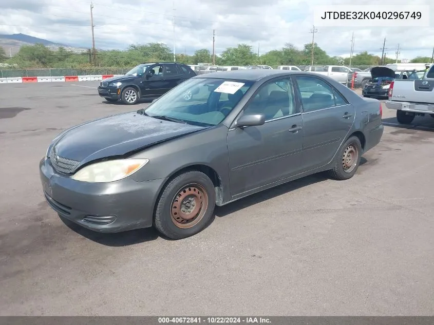 2004 Toyota Camry Le/Se/Std/Xle VIN: JTDBE32K040296749 Lot: 40672841