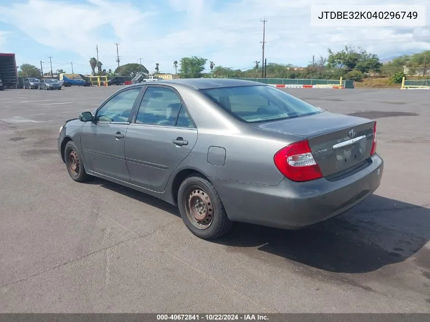 2004 Toyota Camry Le/Se/Std/Xle VIN: JTDBE32K040296749 Lot: 40672841