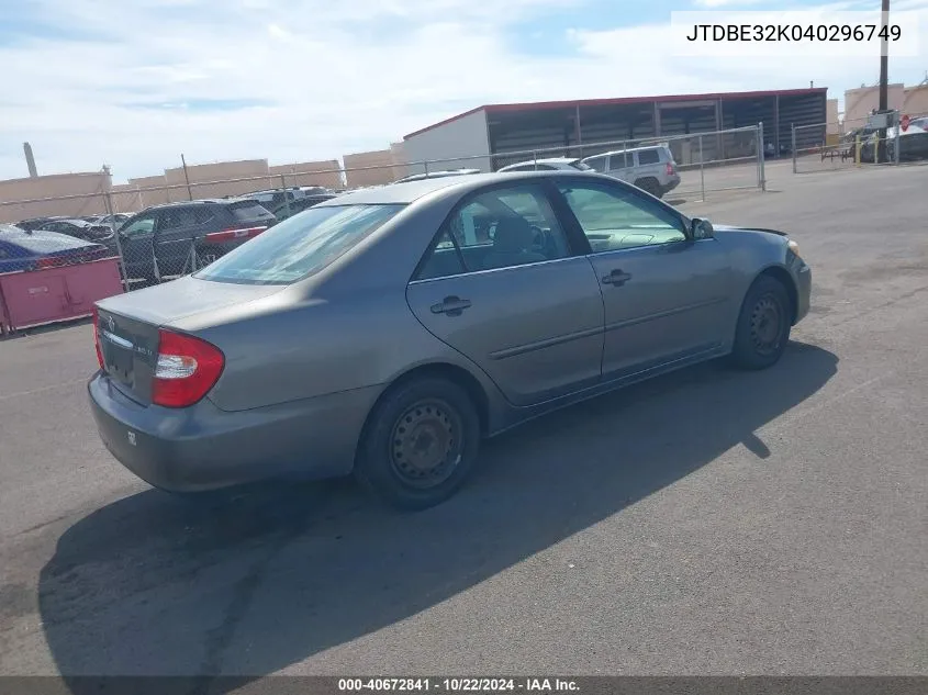 2004 Toyota Camry Le/Se/Std/Xle VIN: JTDBE32K040296749 Lot: 40672841