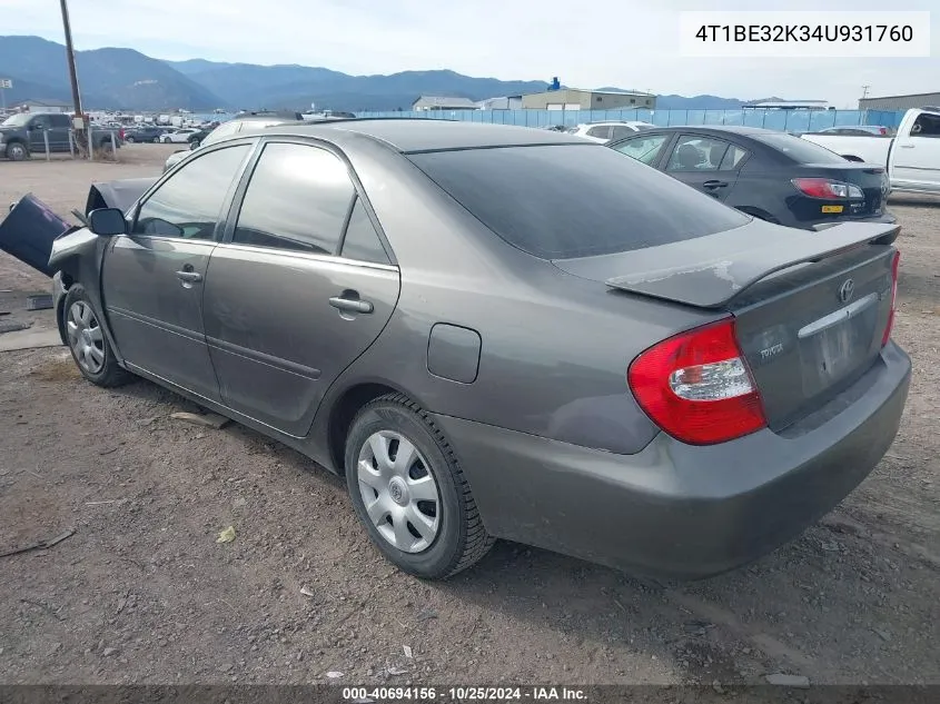 2004 Toyota Camry Le VIN: 4T1BE32K34U931760 Lot: 40694156