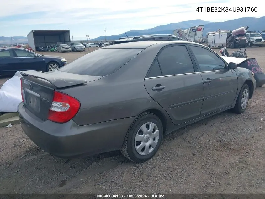 2004 Toyota Camry Le VIN: 4T1BE32K34U931760 Lot: 40694156