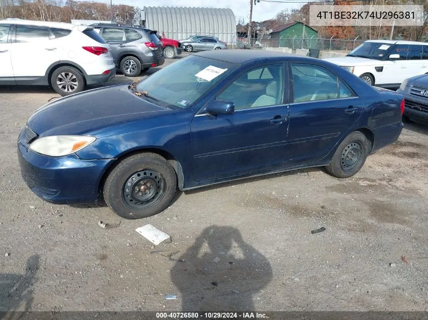 2004 Toyota Camry Le VIN: 4T1BE32K74U296381 Lot: 40726580