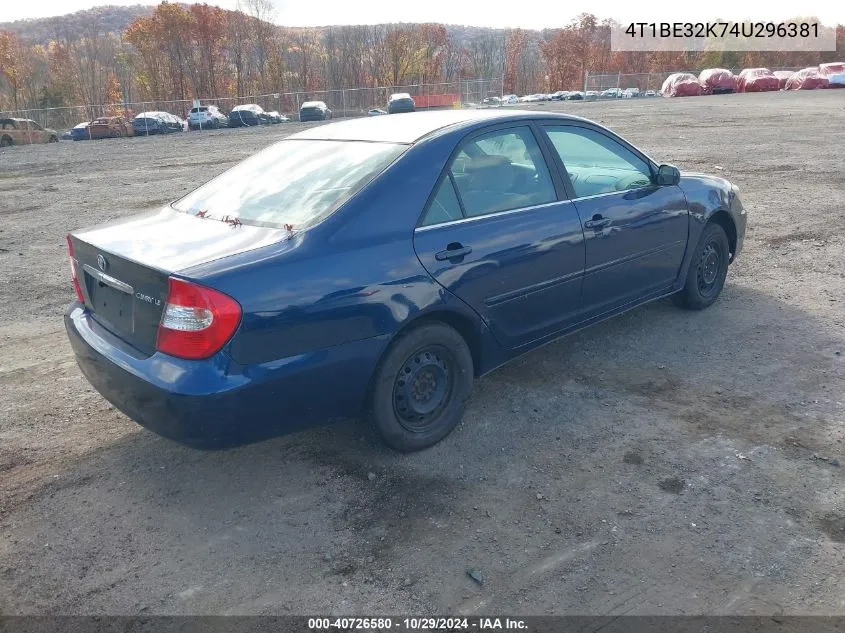 2004 Toyota Camry Le VIN: 4T1BE32K74U296381 Lot: 40726580