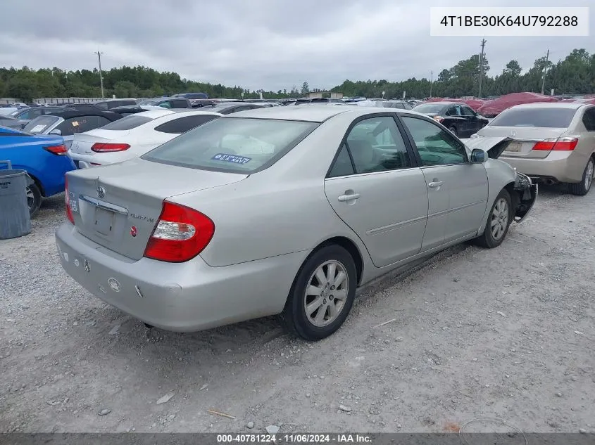 2004 Toyota Camry Xle VIN: 4T1BE30K64U792288 Lot: 40781224