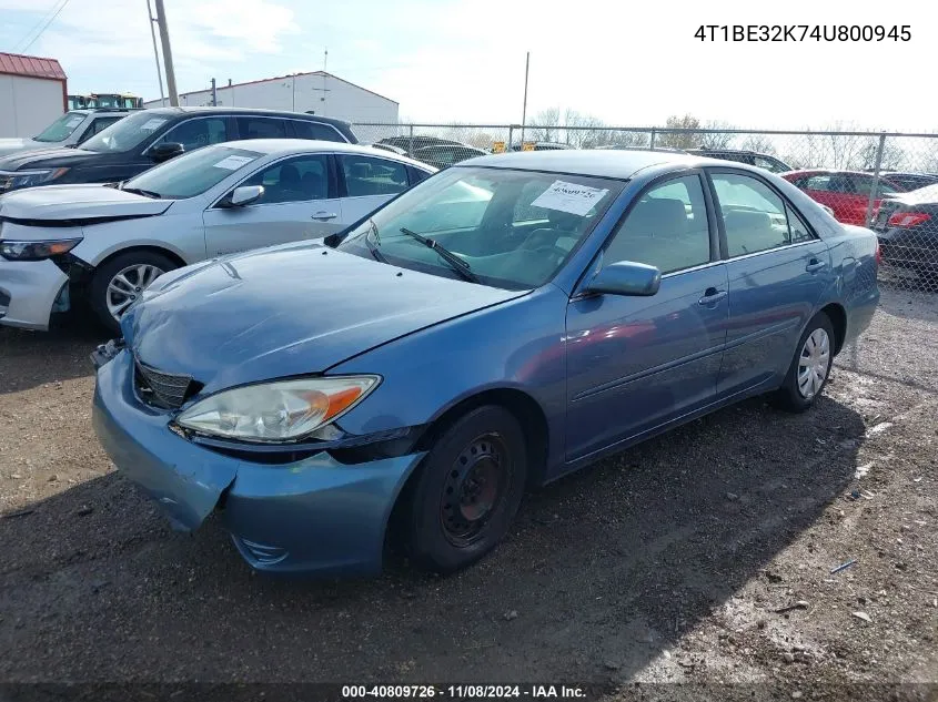 2004 Toyota Camry Le VIN: 4T1BE32K74U800945 Lot: 40809726