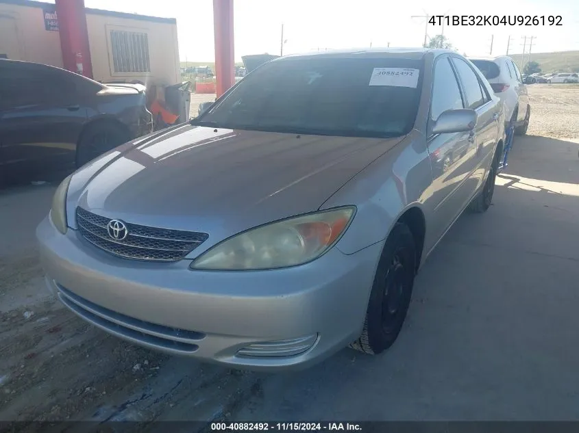 2004 Toyota Camry Le VIN: 4T1BE32K04U926192 Lot: 40882492