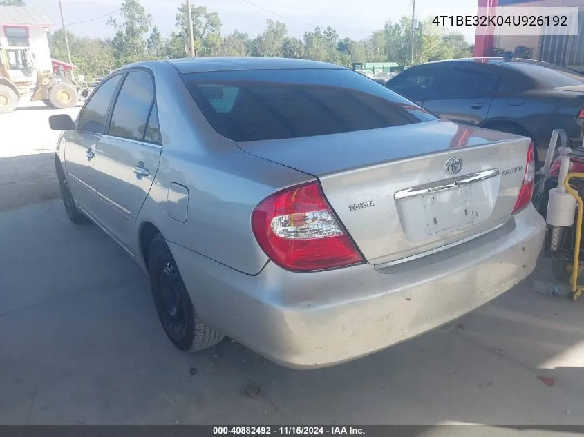 2004 Toyota Camry Le VIN: 4T1BE32K04U926192 Lot: 40882492