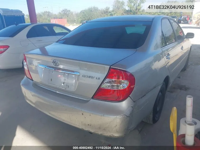 2004 Toyota Camry Le VIN: 4T1BE32K04U926192 Lot: 40882492