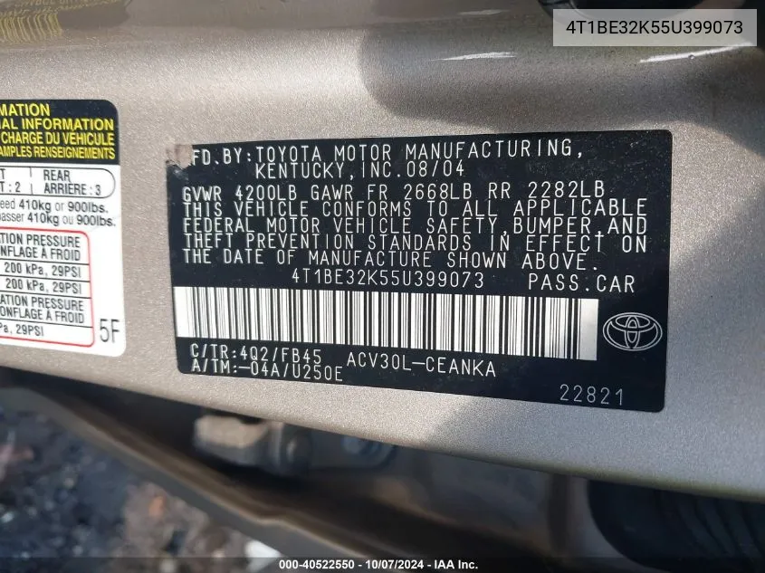 4T1BE32K55U399073 2005 Toyota Camry Le