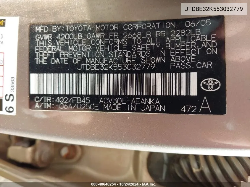 JTDBE32K553032779 2005 Toyota Camry Le/Se/Std/Xle